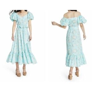 LoveShackFancy x‎ Target Floral Puff Sleeve Midi Dress Light Blue Size 0